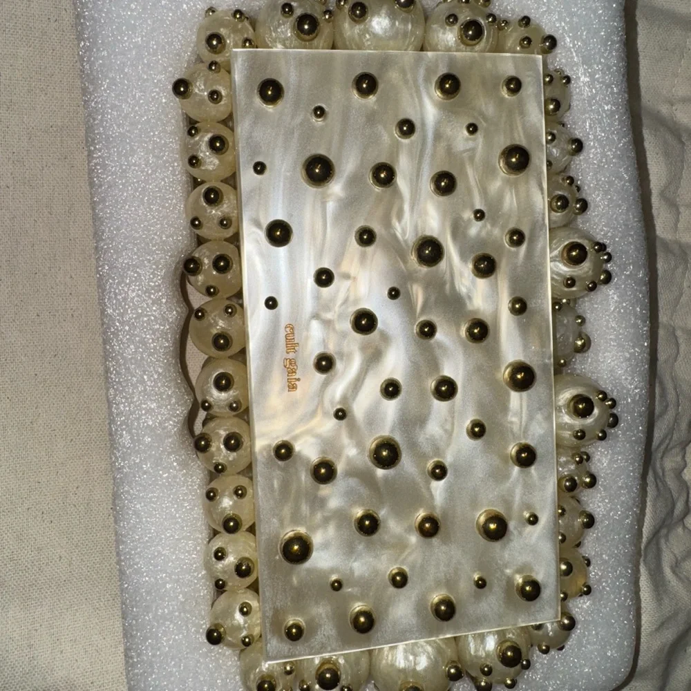 cult gaia Ivory & Shiny Brass Pearl-Embellished Eos Clutch
